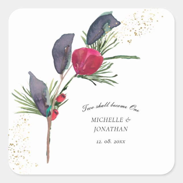 Modern Red Green Winter Floral Christian Wedding Square Sticker (Front)