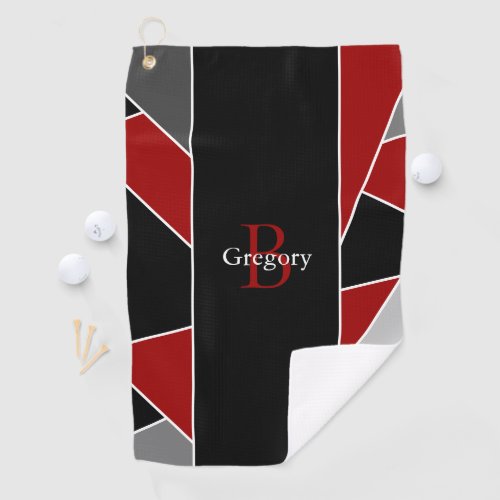 Modern Red Grey Geometric Abstract Monogram Name Golf Towel