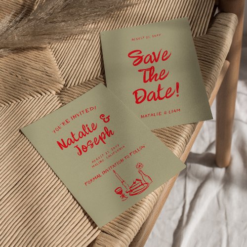 Modern Red Hand Drawn Bold Retro Quirky Wedding Save The Date