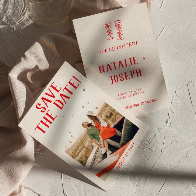 Modern Red Hand Drawn Retro Quirky Photo Wedding Save The Date (Creator Uploaded)