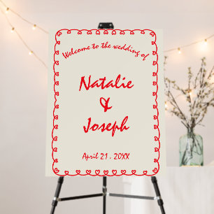 Modern Red Hand Written Retro Fun Wedding Welcome Foam Board