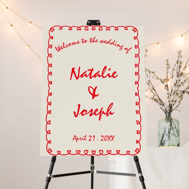 Modern Red Hand Written Retro Fun Wedding Welcome Foam Board (In Situ (Stand))