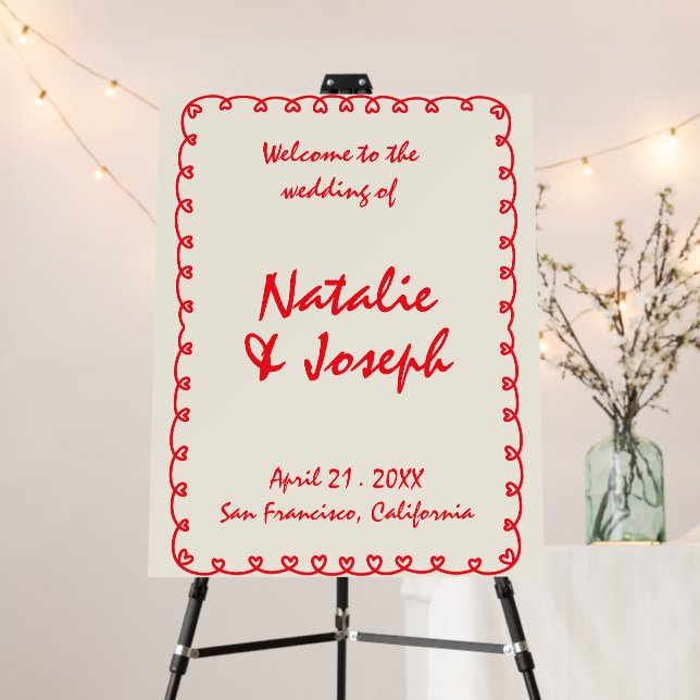 Modern Red Hand Written Retro Fun Wedding Welcome Foam Board (In Situ (Stand))