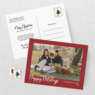 Modern Red Happy Holidays Photo Holiday Postcard