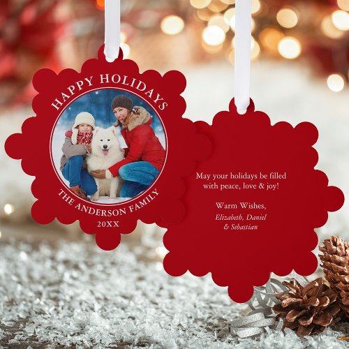 Modern Red Happy Holidays Photo Ornament Card