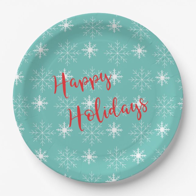 Modern Red Happy Holidays Text, Teal, Stars Paper Plates (Front)