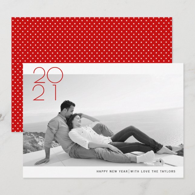 Modern red Happy New Year 2020 photo Holiday Card (Front/Back)