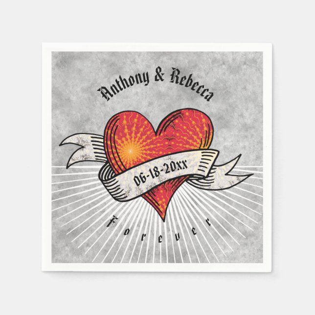 Modern Red Heart Add Names and Date Paper Napkins (Front)