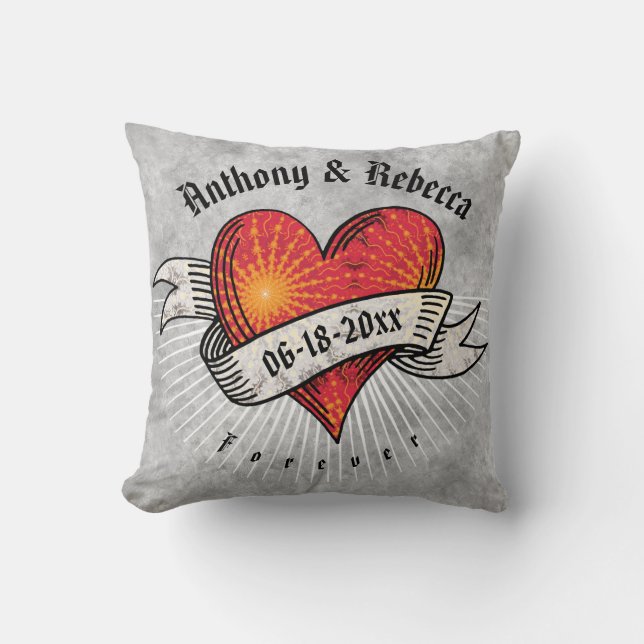 Modern Red Heart Add Names, Date & Monogram Throw Pillow (Front)
