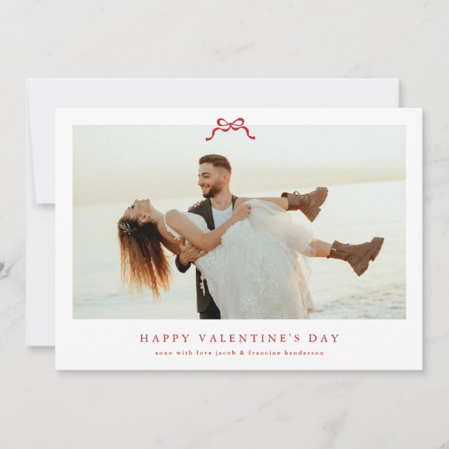 modern red heart bow happy valentine's day photo holiday card (Front)