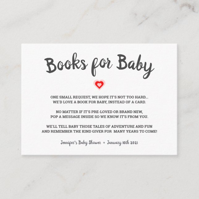 Modern Red Heart Bring A Book Baby Shower Enclosure Card (Front)
