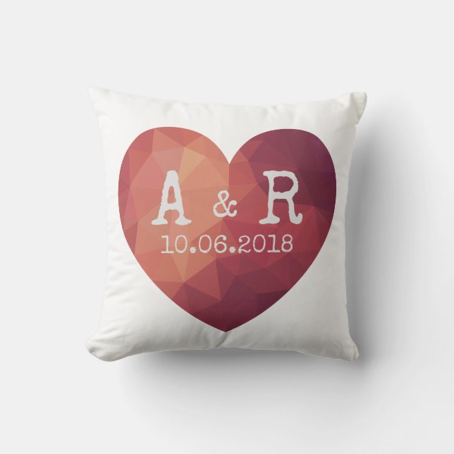 Modern red heart couple monograms and date throw pillow (Front)