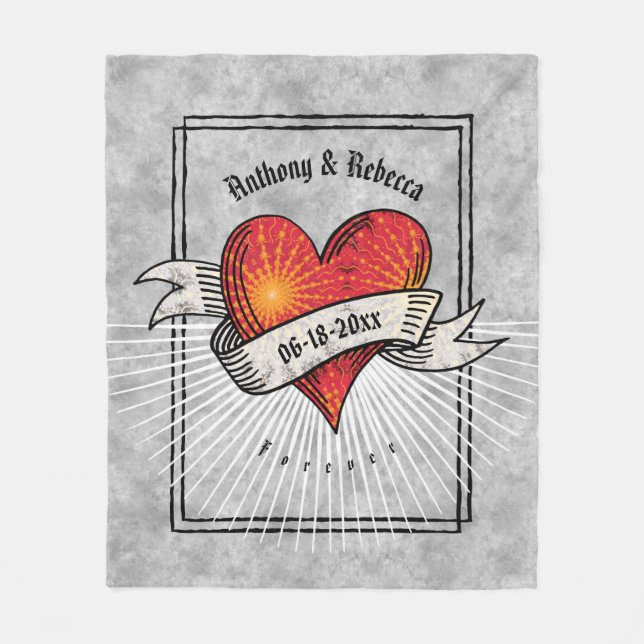 Modern Red Heart Couple Names  Fleece Blanket (Front)