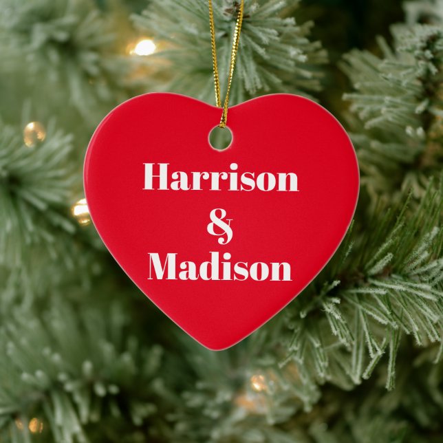 Modern red heart couple’s names typography cute ceramic ornament (Tree)