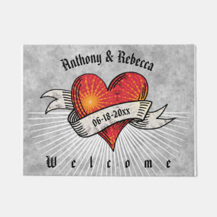 Modern Red Heart Couple Welcome 18 x 24 Doormat