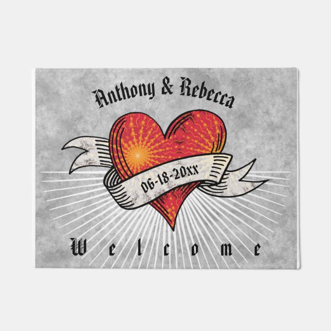 Modern Red Heart Couple Welcome 18 x 24 Doormat (Front)