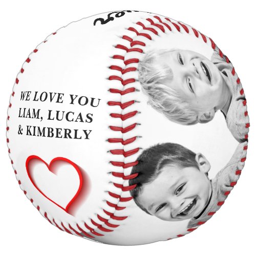 Modern Red Heart Father Dad 2 Photo Collage Softball - Modern Red Heart Father Dad 2 Photo Collage Softball. Simple red heart with a sweet message and name. Personalize it with your 2 favorite photos and your names. The text is black on a white background. You can change any text on the softball or erase it.