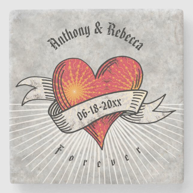 Modern Red Heart Fractal Wedding Anniversary  Stone Coaster (Front)
