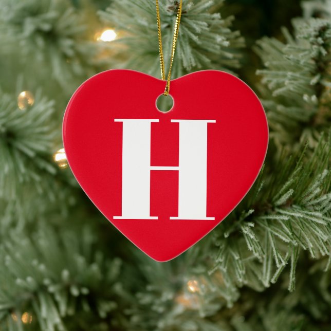 Modern red heart monogram initial typography ceramic ornament (Tree)