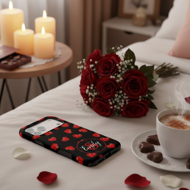 Modern Red Heart Pattern Custom Monogram Black Case-Mate iPhone Case (Creator Uploaded)