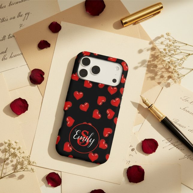 Modern Red Heart Pattern Custom Monogram Black Iphone Case (Creator Uploaded)