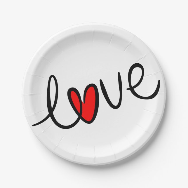 Modern Red Heart Typography Love Wedding Paper Plates (Front)