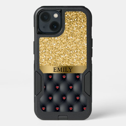 Modern Red Hearts And Gold Glitter Pattern iPhone 13 Case