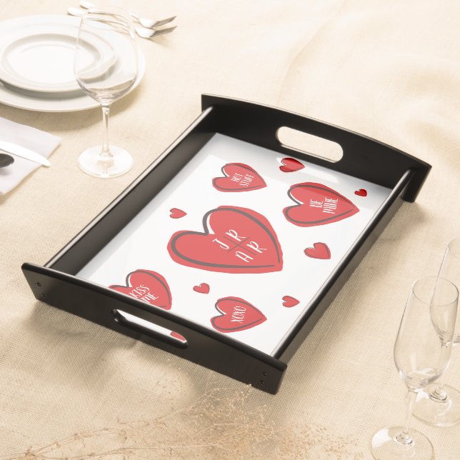 Modern Red Hearts Cute Romantic Couple Monogram Serving Tray (Front)
