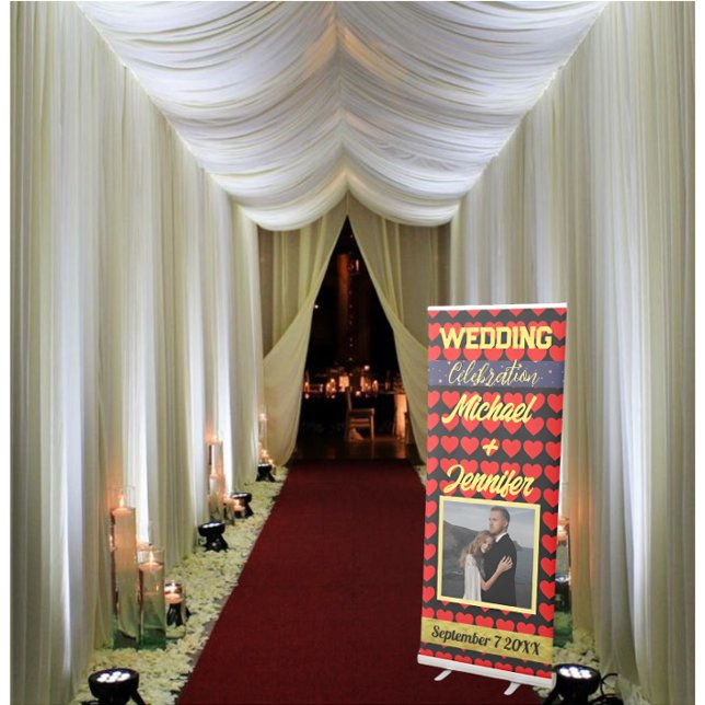 Modern Red Heart's Golden Text Custom Wedding  Retractable Banner (Creator Uploaded)