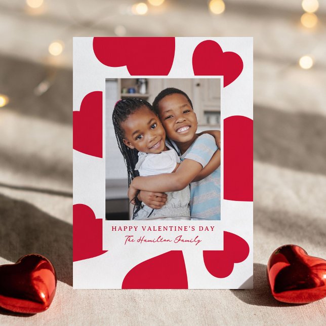 Modern Red Hearts Happy Valentine's Day Photo Holiday Card (Creator Uploaded)