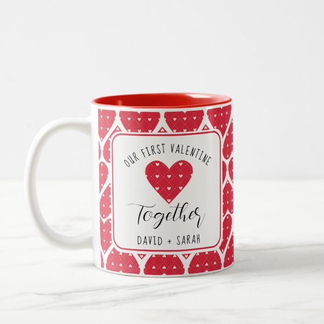 Modern Red Hearts Our First Valentines Together Two-Tone Coffee Mug (Left)