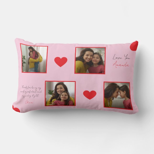 Modern Red Hearts Sibling Photo Collage Lumbar Pillow (Front)