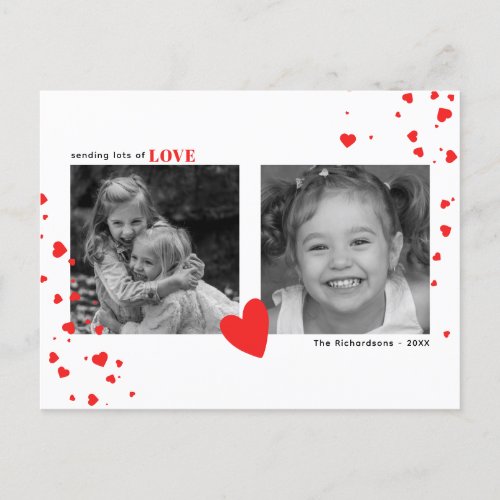 Modern Red Hearts Valentines Day Custom Photo Holiday Postcard