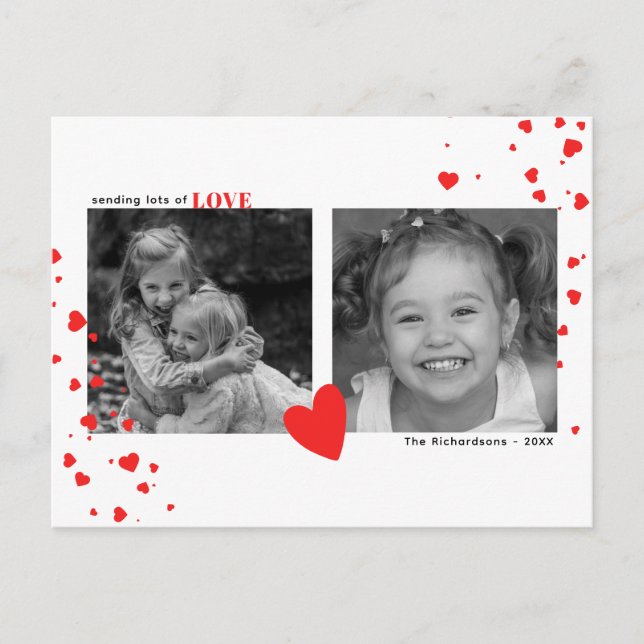 Modern Red Hearts Valentine's Day Custom Photo Holiday Postcard (Front)