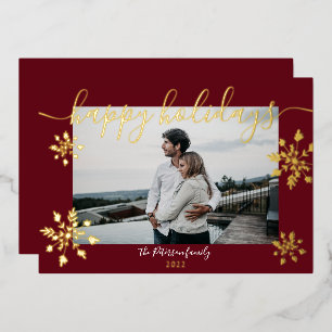 Modern red holidays script snowflakes photo foil holiday card
