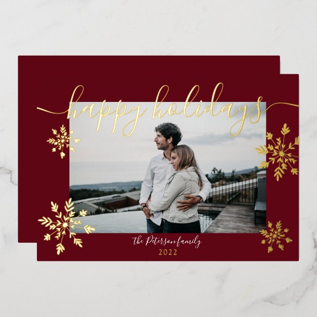 Modern red holidays script snowflakes photo foil holiday card (Front/Back)