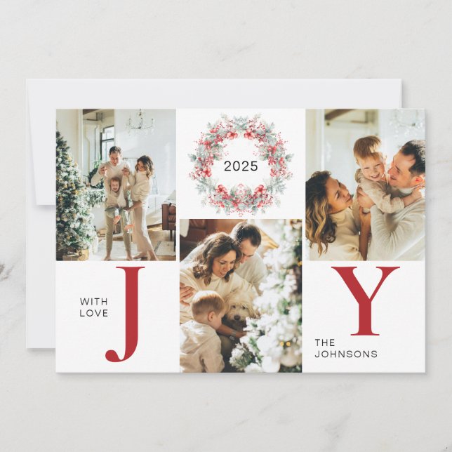Modern Red Holly Berries 3 Photo Joy Christmas Holiday Card (Front)