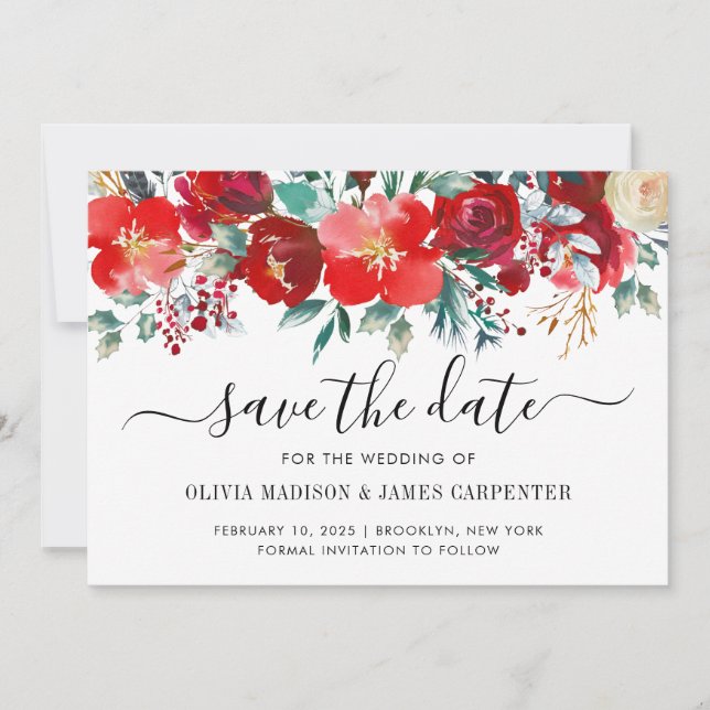 Modern Red Holly Berries Holiday Floral Wedding Save The Date (Front)