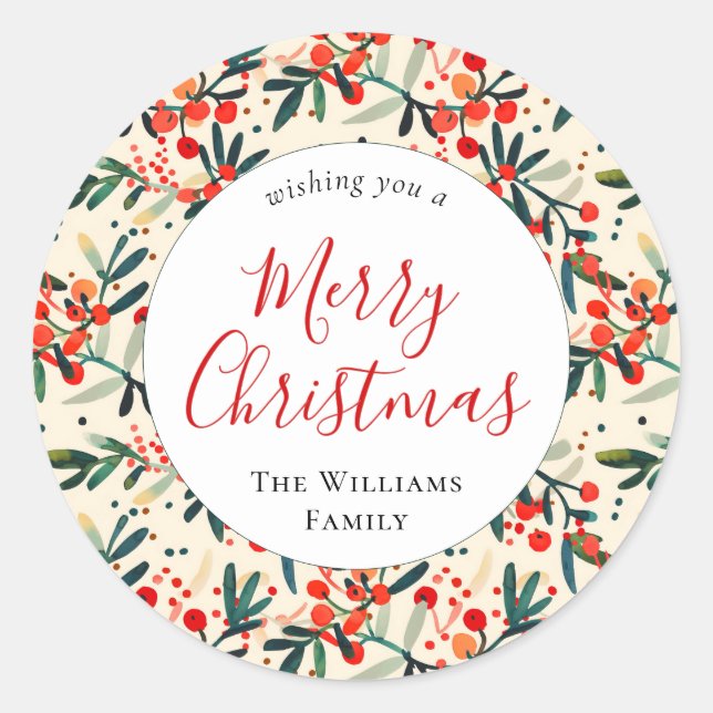 Modern Red Holly Berries Merry Christmas Classic Round Sticker (Front)