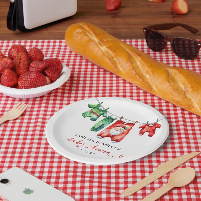 Modern Red Holly Christmas Santa Baby Shower Paper Plates (Picnic)