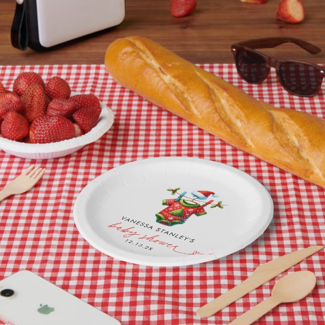 Modern Red Holly Christmas Santa Baby Shower Paper Plates (Picnic)