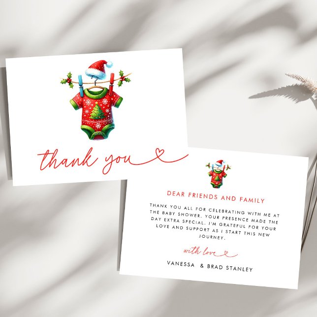 Modern Red Holly Christmas Santa Baby Shower Thank You Card (Creator Uploaded)