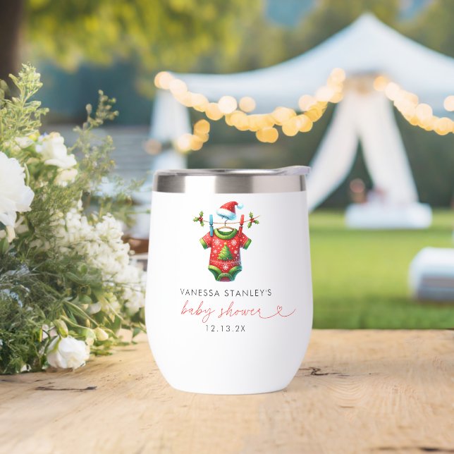 Modern Red Holly Christmas Santa Baby Shower Thermal Wine Tumbler (Wedding)