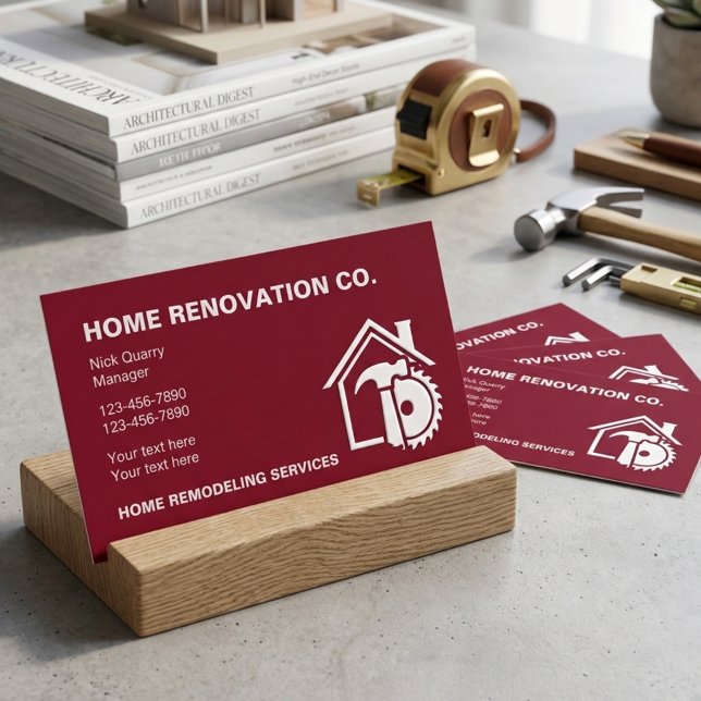 Modern Red Home Renovation & Remodeling Contractor Business Card (Creator Uploaded)