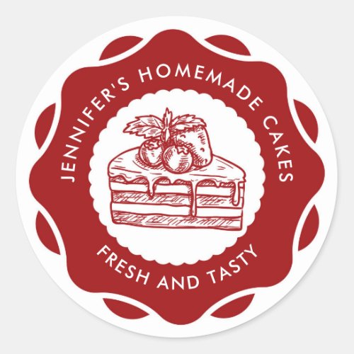 Modern Red Homemade Cakes Bakery Classic Round Sticker