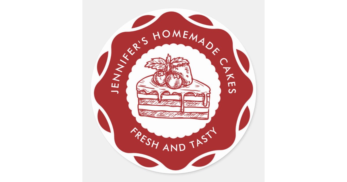 Modern Cake Sticker Modern Red Homemade Cakes Bakery Classic Round Sticker | Zazzle