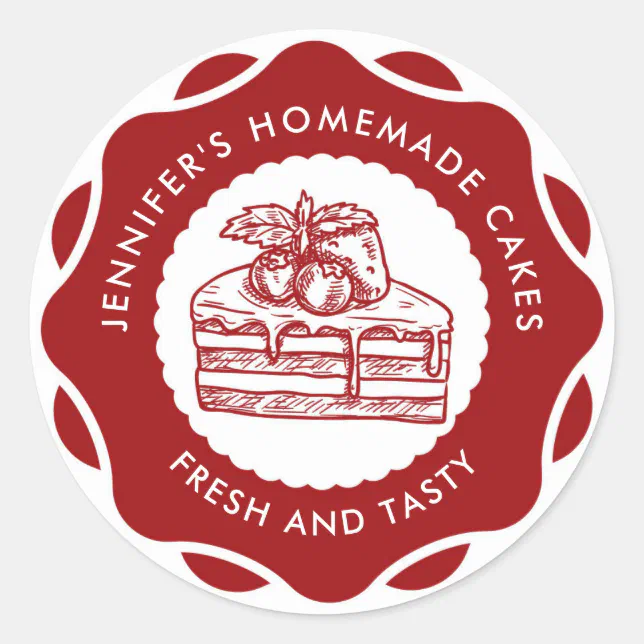 Modern Cake Sticker Modern Red Homemade Cakes Bakery Classic Round Sticker | Zazzle