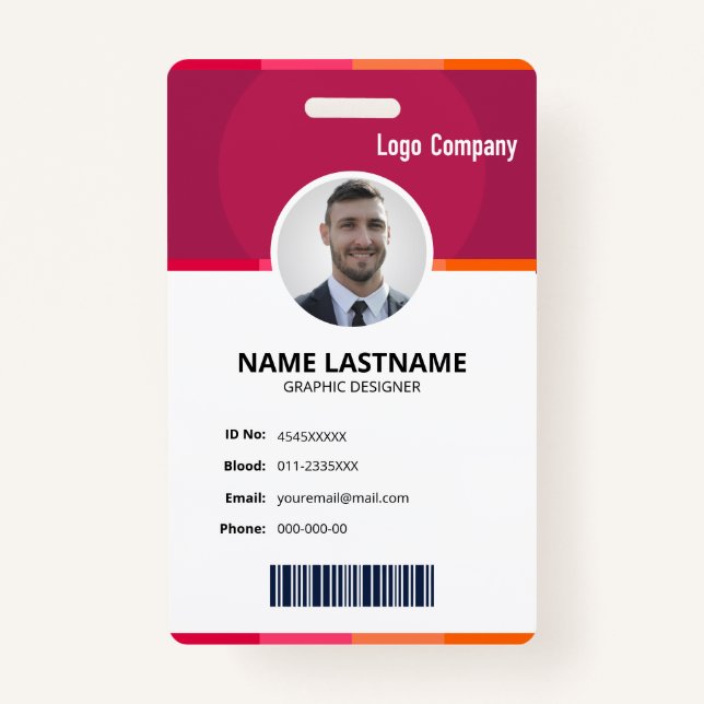 Modern Red ID Identification Card Photo Badge (Front)