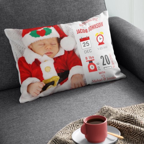 Modern Red Infographic Baby Photo Birth Stats Accent Pillow