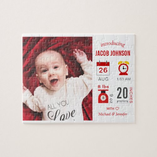 Modern Red Infographic Photo Birth Announcement Jigsaw Puzzle